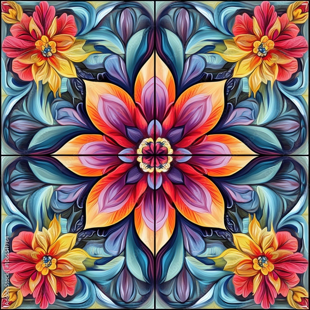 Vividly colored floral tiles laid symmetrically, each tile with detailed patterns and realistic