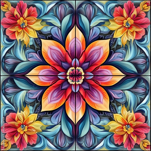 Obraz na płótnie Vividly colored floral tiles laid symmetrically, each tile with detailed patterns and realistic w salonie