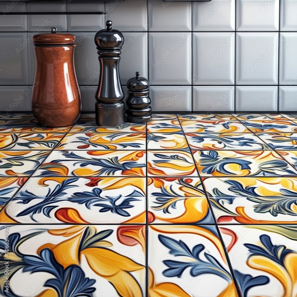 Vividly colored floral tiles laid symmetrically, each tile with detailed patterns and realistic