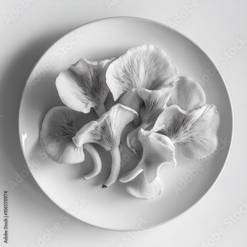 Obraz na płótnie Wood ear mushrooms elegantly laid out on a white plate, with a focus on their intricate shapes w salonie