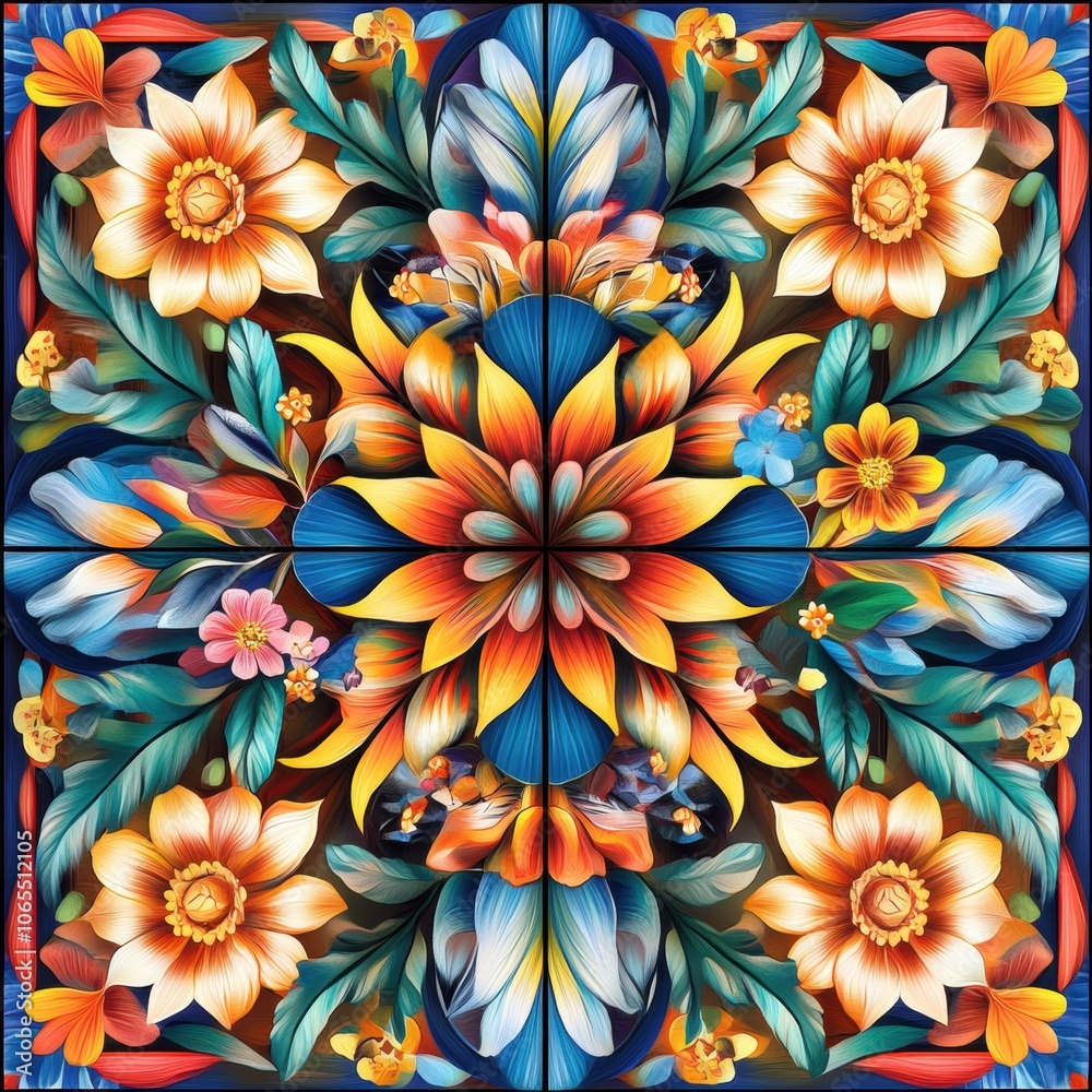 Vividly colored floral tiles laid symmetrically, each tile with detailed patterns and realistic