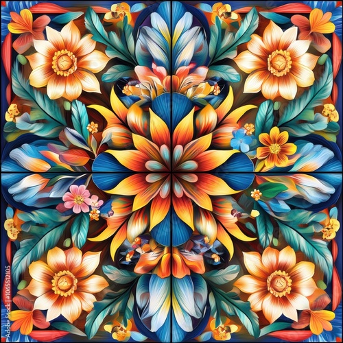 Obraz na płótnie Vividly colored floral tiles laid symmetrically, each tile with detailed patterns and realistic w salonie