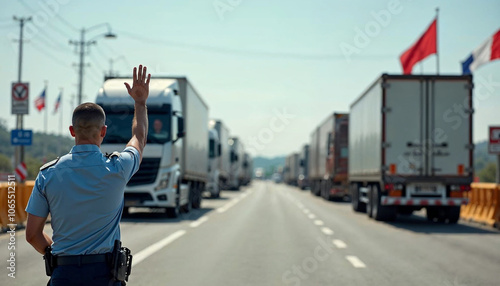 Customs officer halts trucks at a border checkpoint, symbolizing security in global trade.

