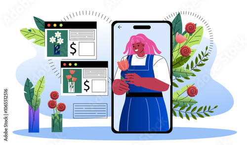 Online florist concept. Woman with flower in her hand on smartphone screen. Specialist collects bouquet. Gardening and horticulture, botany. Flat vector illustration