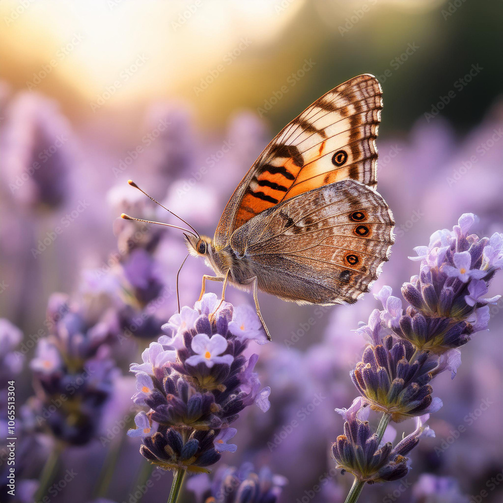 Fototapeta premium Butterfly Resting on Lavender Flowers Beautifully