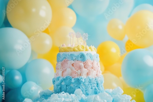 Colorful layered cake with pastel blue, pink, and yellow frosting surrounded by balloons, creating a festive and cheerful party atmosphere photo