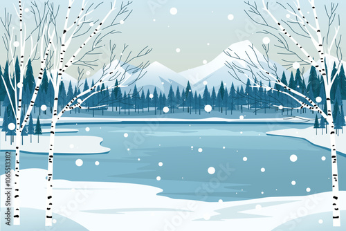 Beautiful winter mountain lake and forest in snowy weather. Winter mountain landscape with birch trees. Mountains, frozen lake, forest, birch trees and falling snow. Winter day in nature.