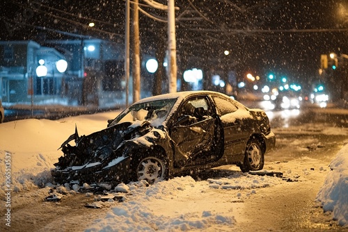 Damaged car covered in snow on a deserted street at night during a heavy snowfall photo