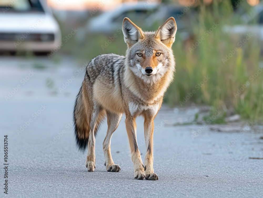 Fototapeta premium Lone Coyote Walking Down a Deserted Street at Twilight
