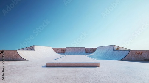 Fototapeta Naklejka Na Ścianę i Meble -  Abandoned skate park featuring ramps and rails, expansive blue sky overhead, inviting atmosphere for creativity and exploration