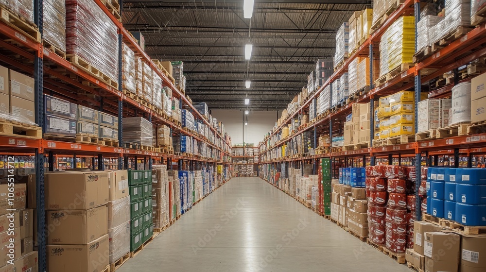 Fototapeta premium Rows of stacked boxes and containers in a warehouse aisle