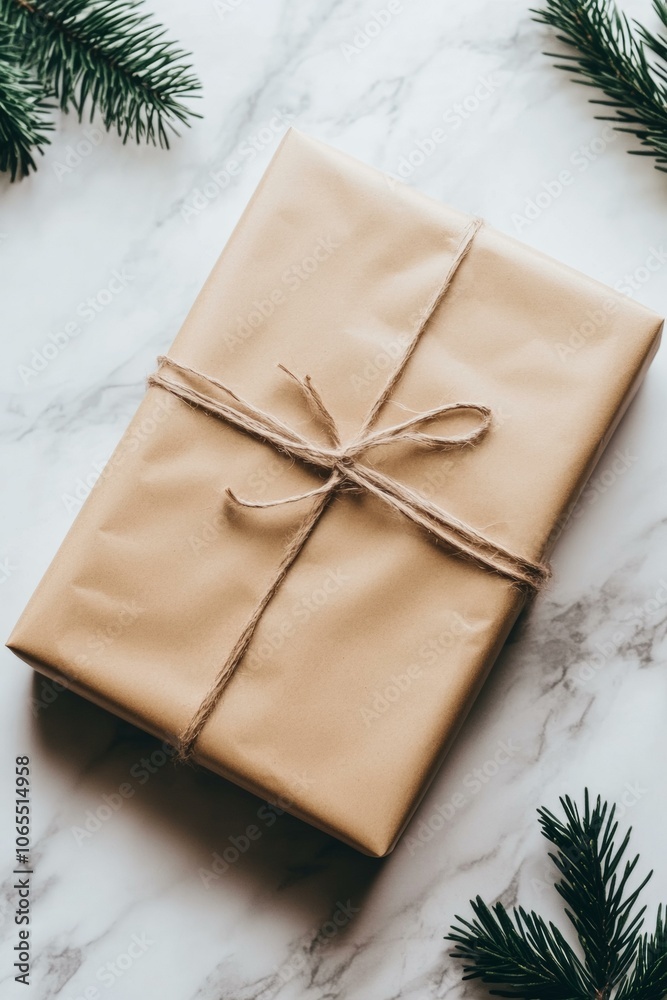 Wrapped gift box with brown ribbon, pine branch, holiday theme.
