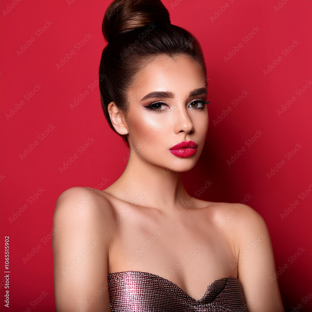 Fototapeta premium Elegant Brunette Woman Against Red Wall
