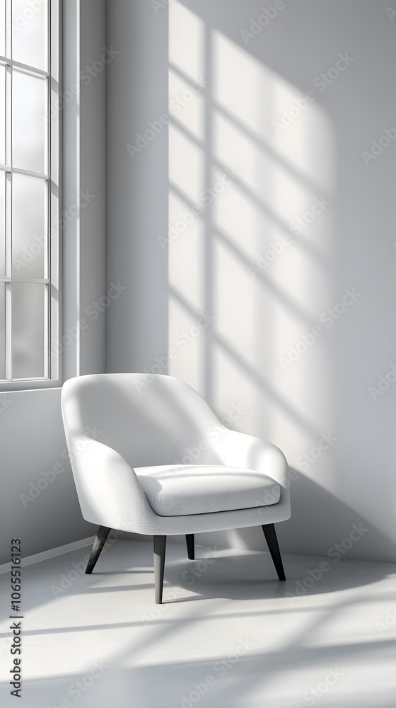 Fototapeta premium Modern white chair against a light grey wall, gentle shadows
