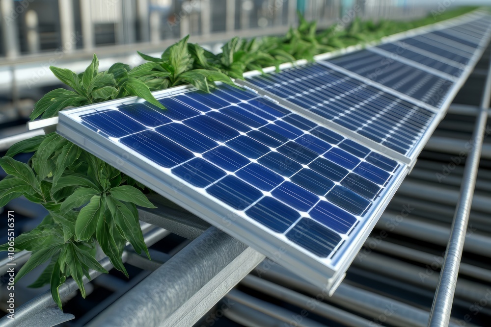 Fototapeta premium Solar panel with green plants, showcasing renewable energy integration.