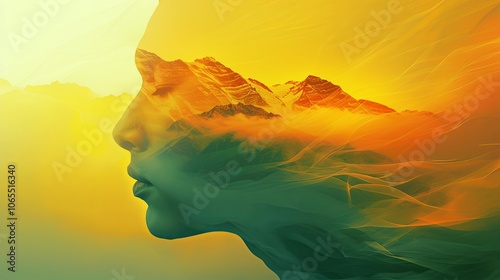 Double exposure combines a woman's face and high mountains at sunset. Panoramic view. The concept of the unity of nature and man. Dream, reminisce or plan a climb. Illustration for design.