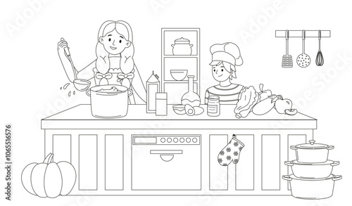 Little kids cook outline. Boy and girl preparing soup in kitchen with vegetables. Coloring book for children, development of childrens creative skills. Linear vector illustration