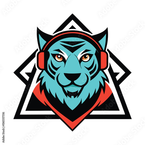 Fierce Tiger with Headphones in Triangle Mascot Logo - Cool Vector Illustration for Music Branding & Wild Animal Icon Design photo