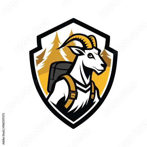 Rugged Mountain Goat with Backpack in Shield Mascot Logo - Adventure Vector Illustration for Outdoor Branding & Wilderness Icon Design