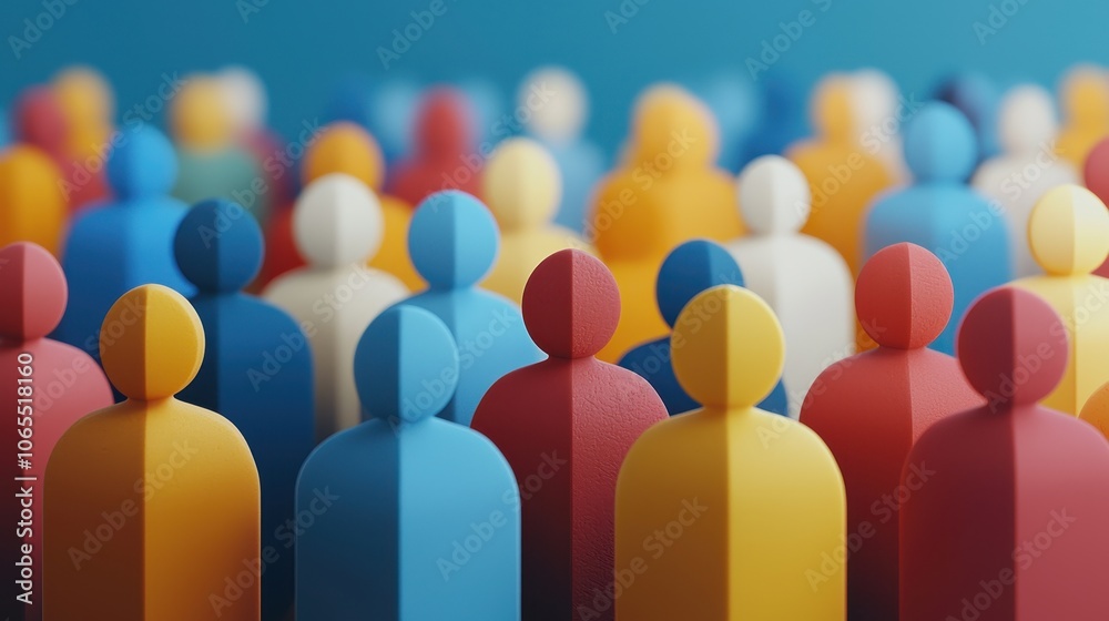 Fototapeta premium A vibrant crowd of colorful, abstract figurines represents diversity and community, standing together against a bright blue background.