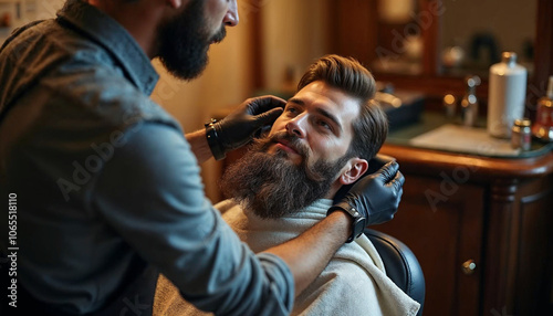 A man enjoys a luxurious beard grooming session at an elegant barber shop, embodying relaxation and self-care. photo