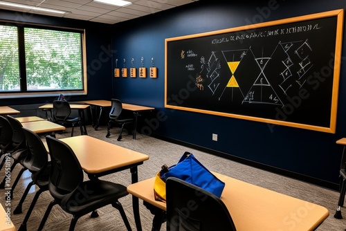 Classroom with a chalkboard showing the steps to factorize a trinomial, capturing the teaching environment for algebra concepts