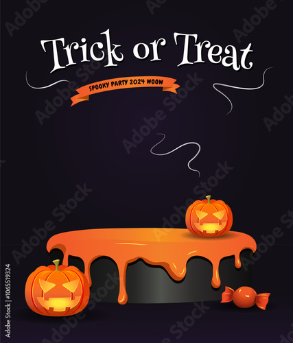 Happy Halloween podium, Halloween banner products showcase, Promotional display. Halloween cake podium, pumpkin