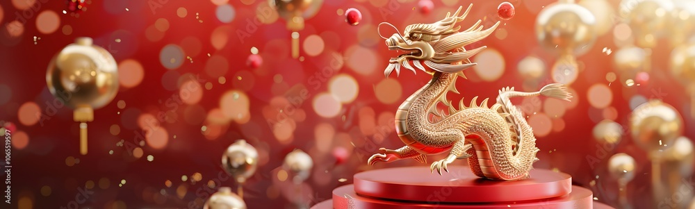 Obraz premium Dragon 3D chinese 2024 year gold new lunar cny podium happy background red golden. Chinese dragon 3D banner china festive illustration invitation money party green japanese render celebration blue. 