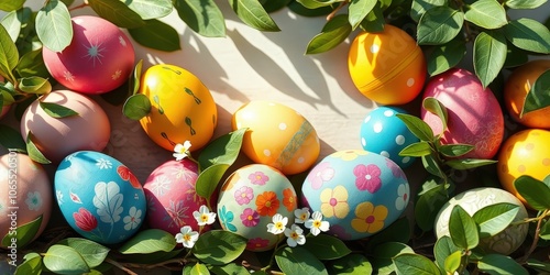 A festive arrangement of vibrantly colored Easter eggs adorned with intricate patterns nestled amidst lush green foliage, creating a captivating display of spring cheer. photo