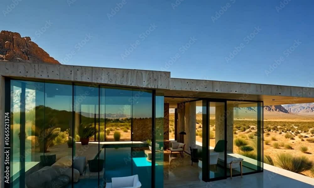 A modern house with a lot of glass and a flat roof, situated in a desert environment. A modern house with a lot of glass and a flat roof, situated in a desert environment.