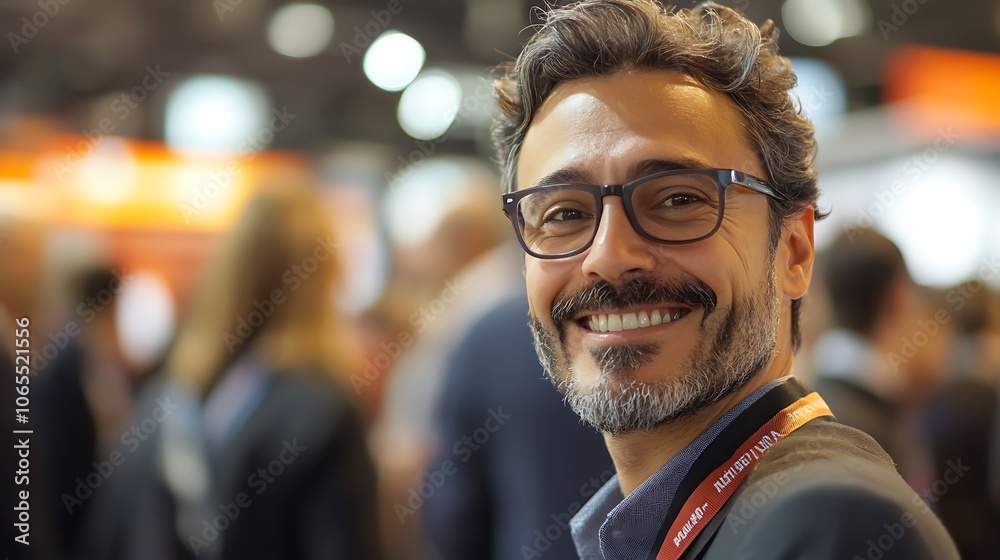Fototapeta premium Engaged professional smiles amid busy event crowd