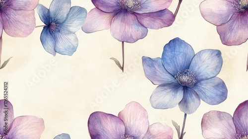 Wallpaper Mural Delicate Watercolor Painting of Purple and Blue Flowers on a Cream Background Torontodigital.ca