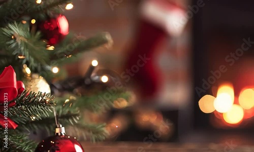 Close-up of a decorated Christmas tree with red ornaments near a warm fireplace, evoking a cozy holiday atmosphere