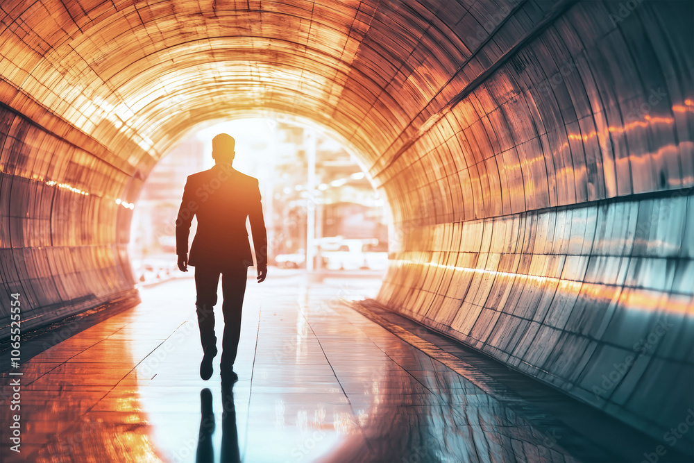 A businessman walks through a tunnel towards bright light, symbolizing hope and opportunity in the corporate world during twilight A businessman walks through a tunnel towards bright light, symbolizing hope and opportunity in the corporate world during twilight