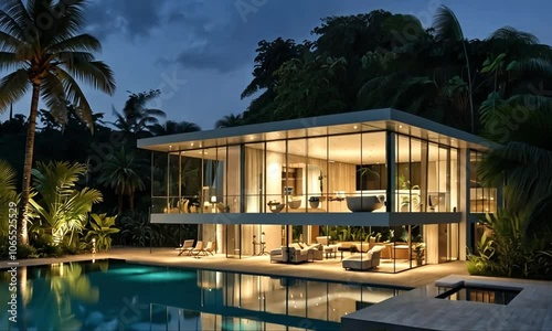 Wallpaper Mural A modern architectural structure with large glass windows and a curved roof, reflecting the surroundings on a pool of water at night. Torontodigital.ca