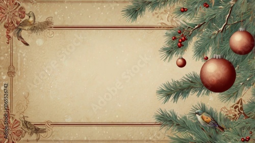 Vintage Christmas card. Christmas gift, knitted blanket, pine cones, fir branches on wooden white background. Flat lay, top view, copy space