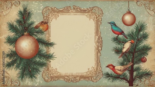 Vintage Christmas card. Christmas gift, knitted blanket, pine cones, fir branches on wooden white background. Flat lay, top view, copy space