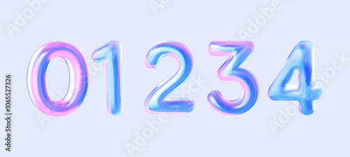 3D holographic numbers 0, 1, 2, 3, 4. Set of liquid-style numbers for birthdays, bonuses, New Year, and promotions. Vector illustration in purple and blue tones.