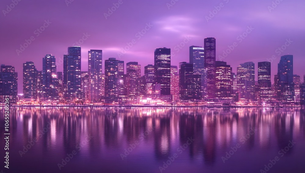 Fototapeta premium A panoramic view of the modern skyline at night, illuminated by city lights and reflecting on calm waters.