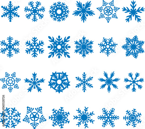 Set blue snowflake icons collection isolated on white background.