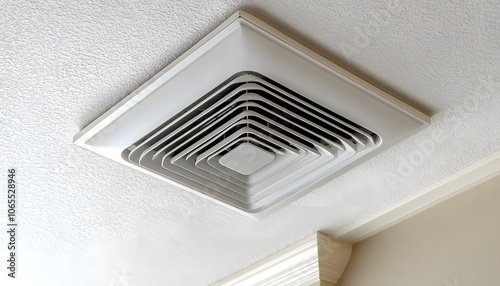 Close-up of a square air vent diffuser on the ceiling in a white color with a metal frame, suitable for indoor, modern, and clean house or office interior design. 
