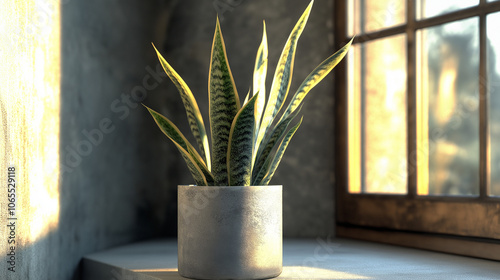 Tall, slender snake plant with pointed green leaves in chic concrete planter on sunlit windowsill. Soft light enhances green and yellow tones of leaves, adding a modern touch with the smooth planter. photo