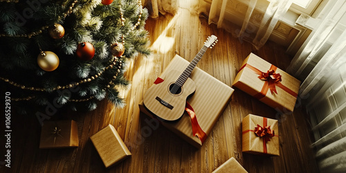 guitar with beautiful Christmas decorations in the bedroom photo