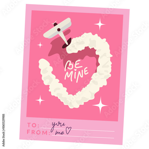 Valentine's day, aesthetics love illustration for 14 February holiday. Love illustration for greeting card. Valentine's day pink retro card design set. Love airplane and love message vintage postcard