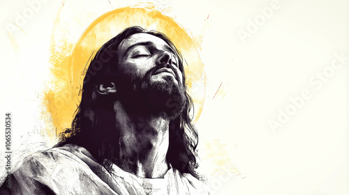 Portrait of Jesus with closed eyes gazing heavenward in a hand-drawn illustration featuring a golden halo and detailed ink work on a white background photo