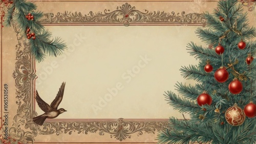 Vintage Christmas card. Christmas gift, knitted blanket, pine cones, fir branches on wooden white background. Flat lay, top view, copy space