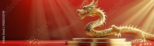Dragon 3D chinese 2024 year gold new lunar cny podium happy background red golden. Chinese dragon 3D banner china festive illustration invitation money party green japanese render celebration blue. 