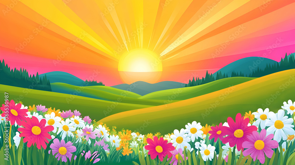 Fototapeta premium Vibrant sunrise over rolling hills with a field of wildflowers in the foreground.
