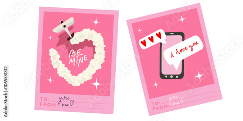 Valentine's day, aesthetics love illustration for 14 February holiday. Love illustration for greeting card. Valentine's day pink retro card design set. Love airplane and love message vintage postcard