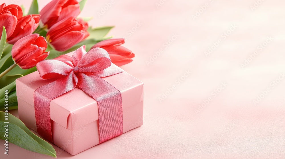 Obraz premium Pink gift box with a satin ribbon and red tulips on a pastel pink background, symbolizing love and appreciation for Mother's Day.